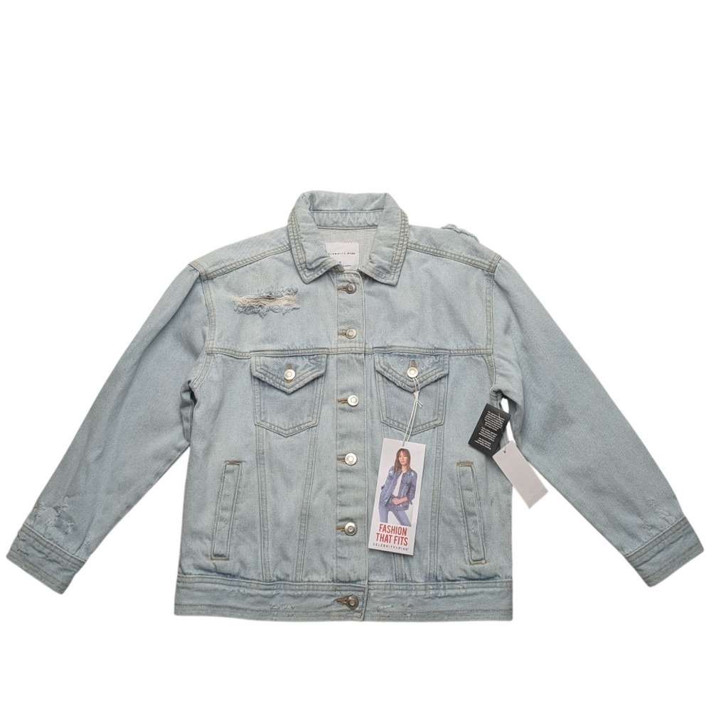 NWT Celebrity Pink Denim Jacket Women S Light Blue Distressed Button Front
